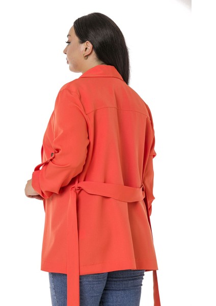 Büyük Beden Şal Yaka Kendinden Kuşaklı Katlamalı Kollu Turuncu Ceket indirimleri