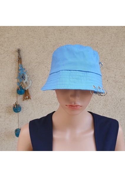Mavi, Piercingli, Çengelli Iğneli Balıkçı Bucket Şapka