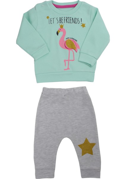 Flamingo Desenli Çıt Çıtlı Ikili Alt Üst Kız Bebek Eşofman Takım