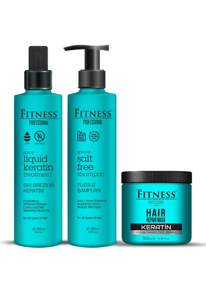 Fitness Professional Brezilya Fönü Sıvı Keratin Bakımı Dumansız - Parabensiz Buğday Proteinli Tuzsuz Şampuan - Maske Seti