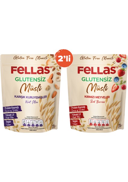 Glutensiz Müsli 2'li - Kırmızı Meyveli 270 gr + Karışık Kuruyemişli 270 gr