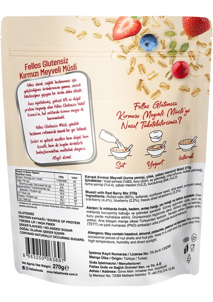 Glutensiz Müsli 2'li - Kırmızı Meyveli 270 gr + Karışık Kuruyemişli 270 gr