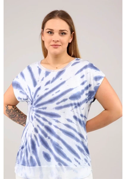 Sea Moda Etek Ucu Şifon Batik Tshirt-Mavi