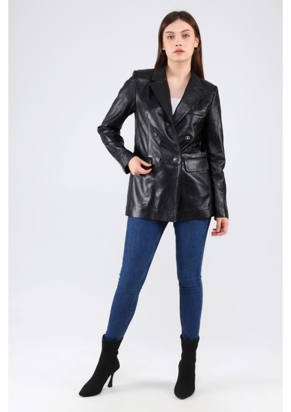 Kadın Deri Kruvaze Blazer Ceket