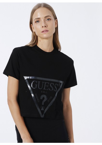 Bisiklet Yaka Baskılı Siyah Kadın T-Shirt V2YI06K8HM0-ADELE Crop T-Shırt