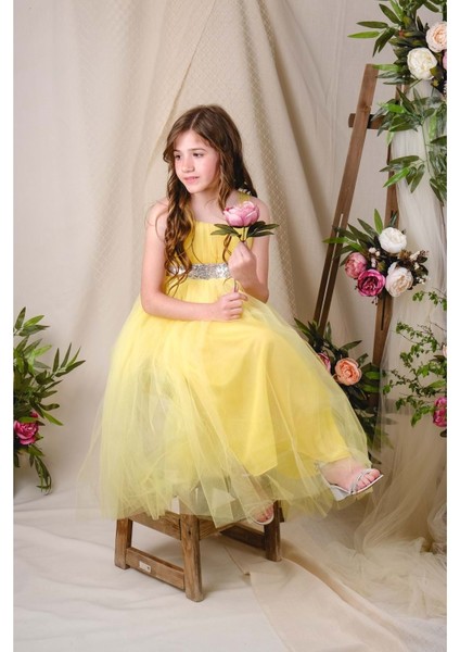 Sırt Gipeli Tüllü Kız Çocuk Saten Abiye