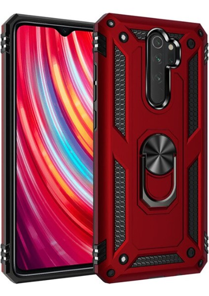 Xiaomi Redmi Note 8 Pro Kılıf Yüzüklü Standlı Tank Çift Katmanlı Vega Kırmızı