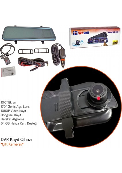 Wevolt Dvr Kayıt Cihazı 10 Inç Dikiz Ayna Ekranlı Çift Kameralı MB-500 fiyatları