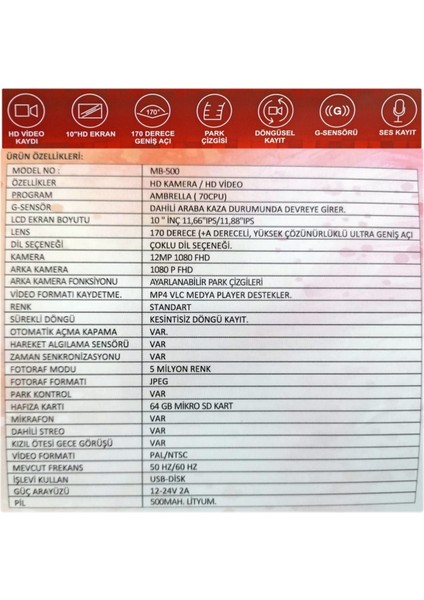 Wevolt Dvr Kayıt Cihazı 10 Inç Dikiz Ayna Ekranlı Çift Kameralı MB-500 modelleri