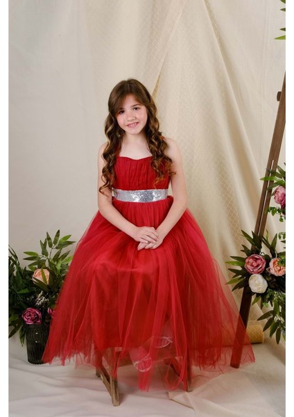 Sırt Gipeli Tüllü Kız Çocuk Saten Abiye