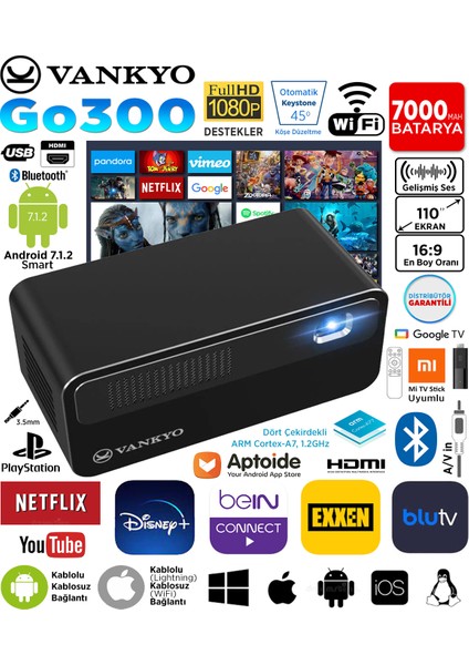 GO300 Dlp Smart 150 Ands Lumen Wi-Fi Bluetooth Mini Projeksiyon