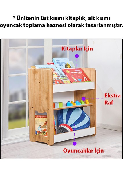 Martı Ahşap 4-6 Yaş Çocuk Çok Amaçlı Montessori Oyuncak Toplama ve Kitaplık Ünitesi