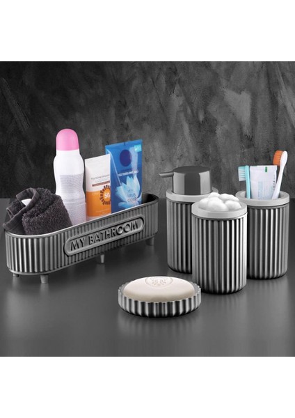 Banyo Takımı Diş Fırçalık Sıvı Sabunluk Katı Sabunluk Pamukluk 5 Li Set Gri 3386