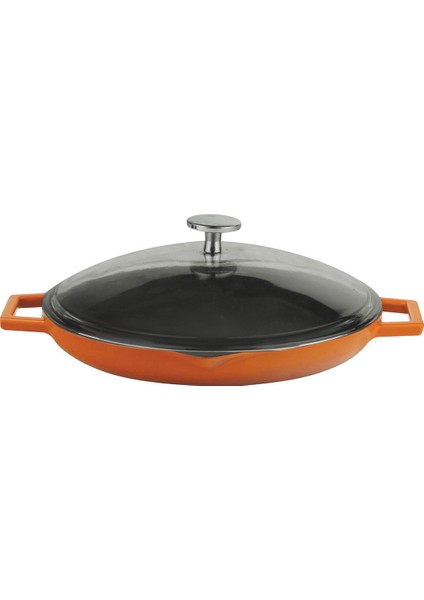 Döküm Yuvarlak Kızartma Tavası, Metal Kulplu, Cam Kapaklı. ÇAP(Ø)30CM. - Turuncu