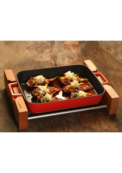 Döküm Dikdörtgen Tepsi ve Ahşap Altlığı. Ölçü 26X40CM. - Yeşil fırsatları