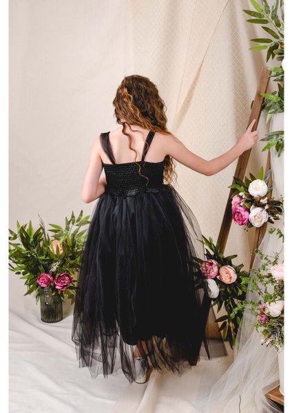 Sırt Gipeli Tüllü Kız Çocuk Saten Abiye