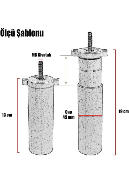 Mobilya Kanepe Baza Koltuk Destek Ayağı M8 Civata Ayarlı Siyah Ayak 13 Cm