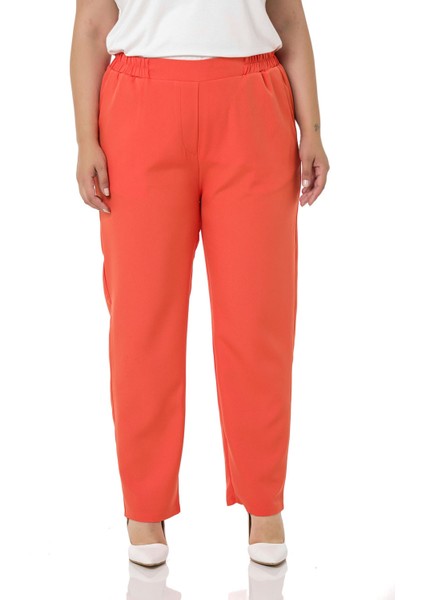 Büyük Beden Beli Yan ve Arkadan Lastikli Dar Paça Cepli Turuncu Pantolon