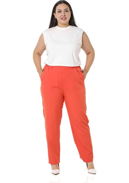 Büyük Beden Beli Yan ve Arkadan Lastikli Dar Paça Cepli Turuncu Pantolon fiyatları