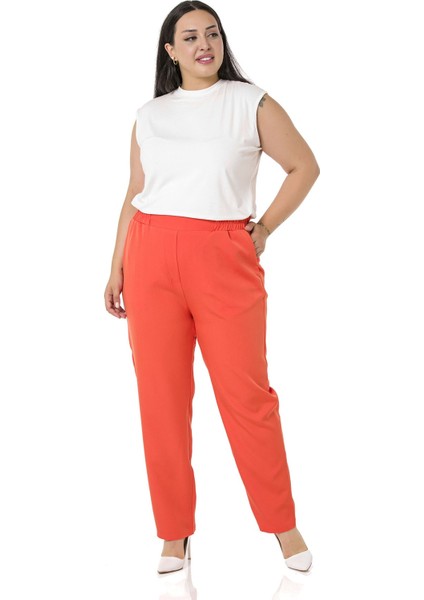 Büyük Beden Beli Yan ve Arkadan Lastikli Dar Paça Cepli Turuncu Pantolon fırsatları