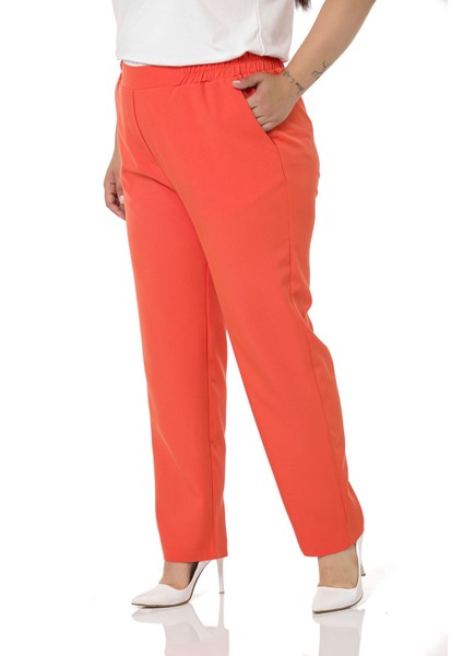 Büyük Beden Beli Yan ve Arkadan Lastikli Dar Paça Cepli Turuncu Pantolon indirimleri