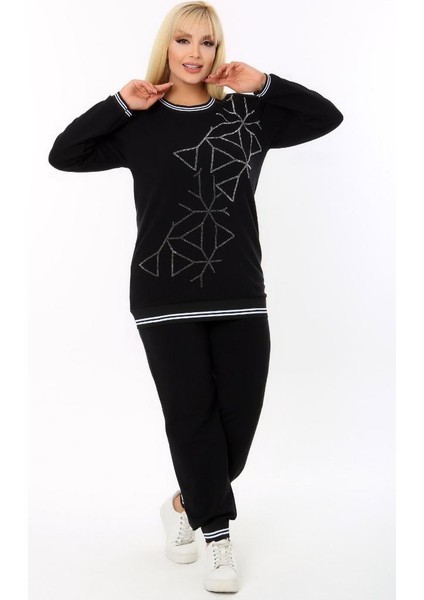 Yuvarlak Yaka Önü Geometrik Desen Taş Işlemeli Uzun Kol Cepli Lastik ve Bağçıklı Rahat Eşofman Takım