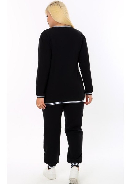 Yuvarlak Yaka Önü Geometrik Desen Taş Işlemeli Uzun Kol Cepli Lastik ve Bağçıklı Rahat Eşofman Takım fiyatları