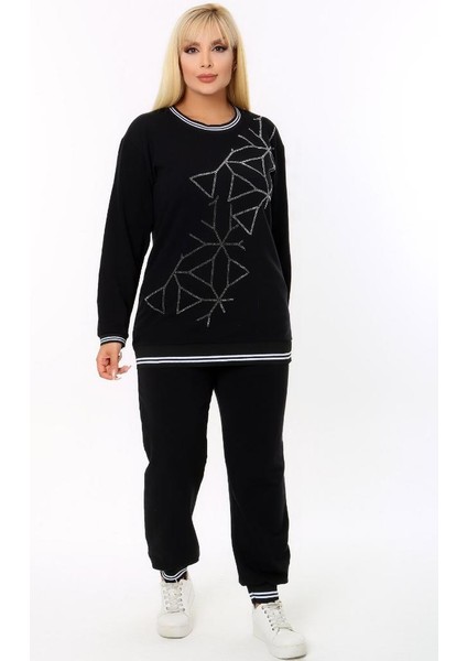Yuvarlak Yaka Önü Geometrik Desen Taş Işlemeli Uzun Kol Cepli Lastik ve Bağçıklı Rahat Eşofman Takım fırsatları