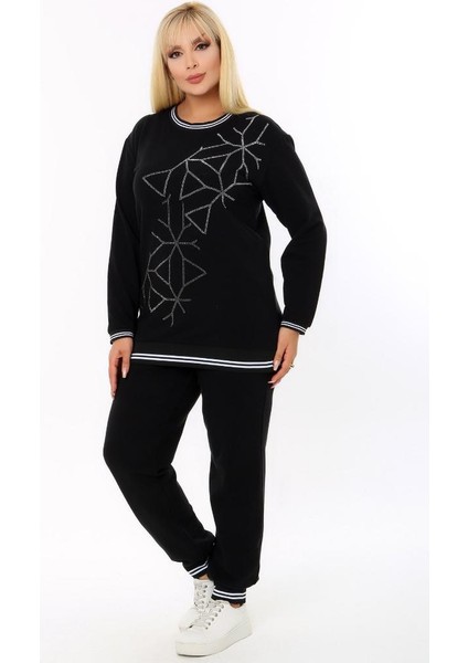 Yuvarlak Yaka Önü Geometrik Desen Taş Işlemeli Uzun Kol Cepli Lastik ve Bağçıklı Rahat Eşofman Takım indirimleri