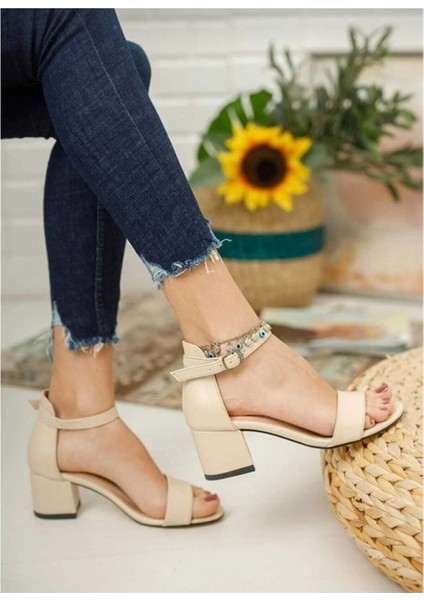 Moda Ayakkabı 0854 Cilt Krem 5cm Topuklu Kadın Sandalet fiyatları