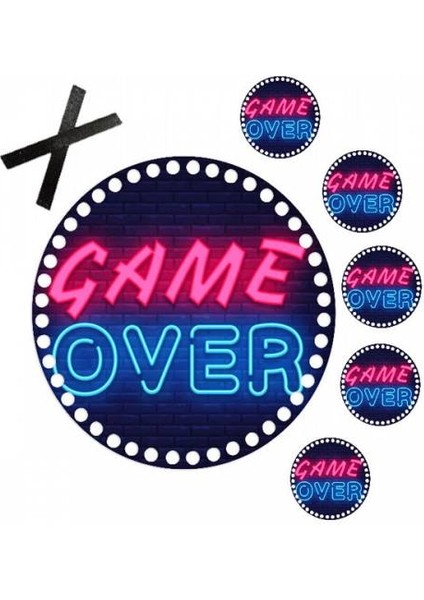 30 cm Game Over Baskılı Tepsi Plakası 5 Adet Bardak Altlığı ve Deri Kulp 02