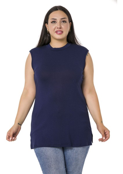 Büyük Beden Yarım Balıkçı Yanları Yırtmaçlı Uzun Viskon Lacivert Body