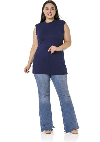 Büyük Beden Yarım Balıkçı Yanları Yırtmaçlı Uzun Viskon Lacivert Body fiyatları