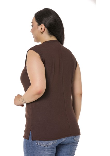 Büyük Beden Yarım Balıkçı Yanları Yırtmaçlı Uzun Viskon Kahverengi Body