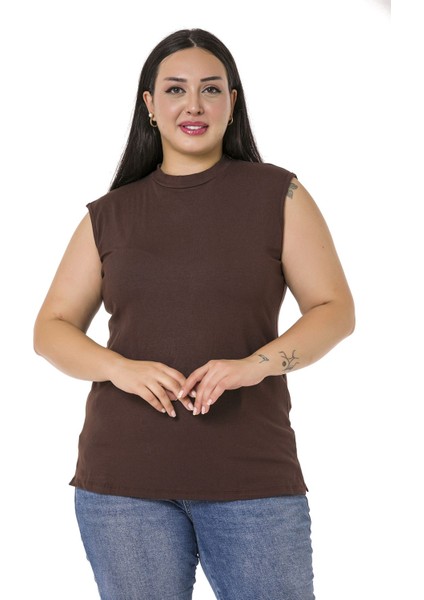 Büyük Beden Yarım Balıkçı Yanları Yırtmaçlı Uzun Viskon Kahverengi Body