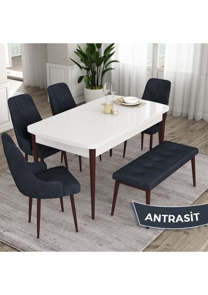 Concept Ram Serisi 80 x 132 cm Mutfak Masa Takımı Beyaz Masa Kahverengi Ayak 4 Sandalye 1 Bench
