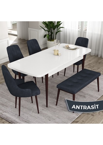 Concept Ram Serisi 80 x 132 cm Mutfak Masa Takımı Beyaz Masa Kahverengi Ayak 4 Sandalye 1 Bench