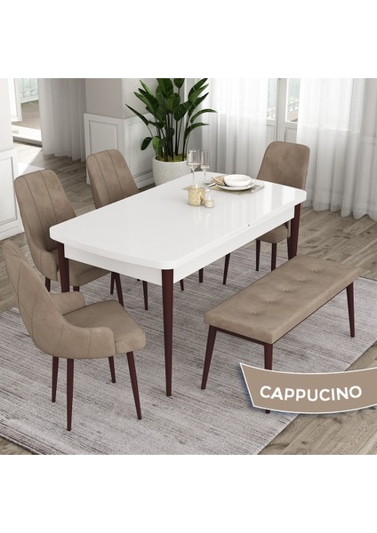 Concept Ram Serisi 80 x 132 cm Mutfak Masa Takımı Beyaz Masa Kahverengi Ayak 4 Sandalye 1 Bench