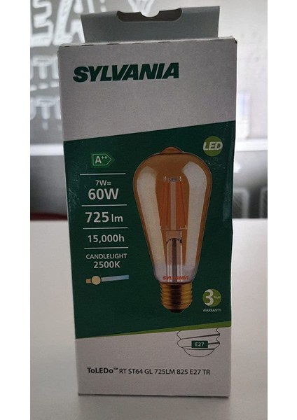 Sylvanıa LED Rustik Ampul Sarı Cam ST64 7W E27 Edison Ampul 725 Lm 2500K