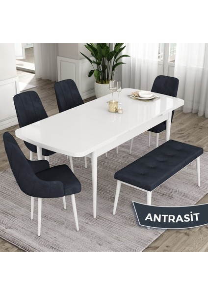 Concept Ram Serisi 80 x 132 cm Mutfak Masa Takımı Beyaz Masa 4 Sandalye 1 Bench