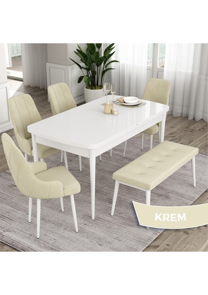 Concept Ram Serisi 80 x 132 cm Mutfak Masa Takımı Beyaz Masa 4 Sandalye 1 Bench