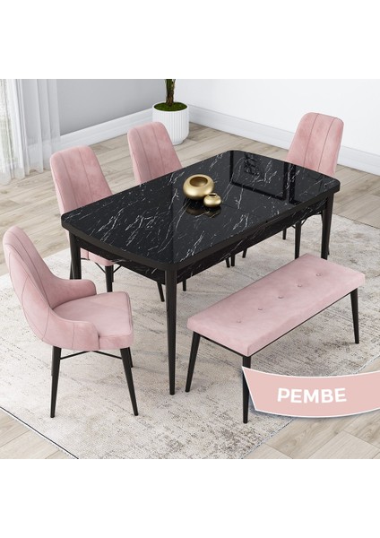Concept Lia Serisi 80 x 132 cm Mutfak Masa Takımı Siyah Mermer Desen Masa 4 Sandalye ve 1 Bench