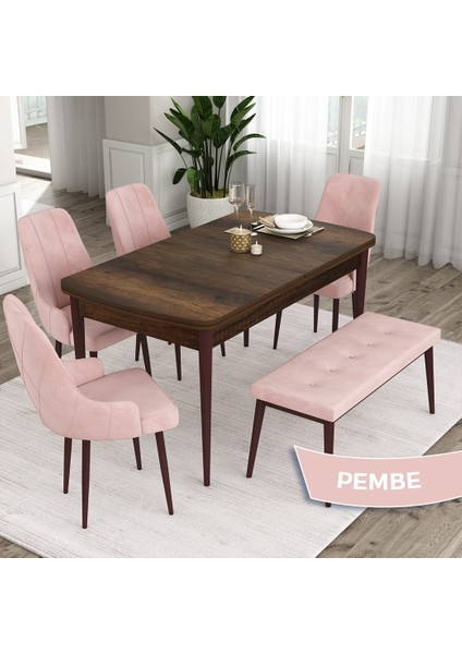 Concept Ram Serisi 80 x 132 cm Mutfak Masa Takımı Barok Ahşap Desen Masa 4 Sandalye ve 1 Bench