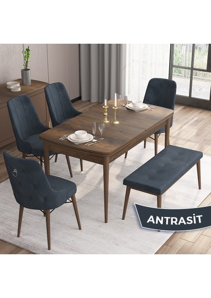 Concept Are Serisi 80 x 132 cm Barok Ahşap Desen Masa Takımı 4 Sandalye Gümüş Halkalı 1 Bench