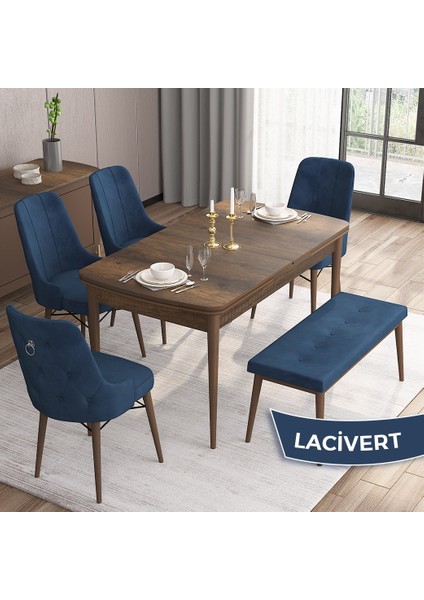 Concept Are Serisi 80 x 132 cm Barok Ahşap Desen Masa Takımı 4 Sandalye Gümüş Halkalı 1 Bench