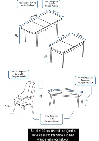 Concept Are Serisi 80 x 132 cm Barok Ahşap Desen Masa Takımı 4 Sandalye Gümüş Halkalı 1 Bench