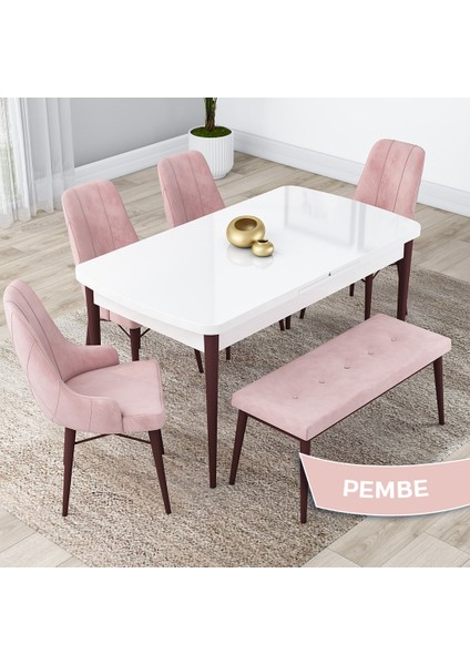 Concept Lia Serisi 80 x 132 cm Mutfak Masa Takımı Beyaz Masa Ceviz Ayak 4 Sandalye ve 1 Bench