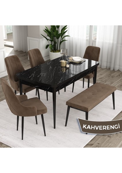 Concept Ram Serisi 80 x 132 cm Mutfak Masa Takımı Siyah Mermer Desen Masa 4 Sandalye ve 1 Bench