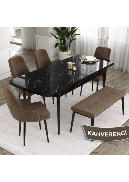 Concept Ram Serisi 80 x 132 cm Mutfak Masa Takımı Siyah Mermer Desen Masa 4 Sandalye ve 1 Bench