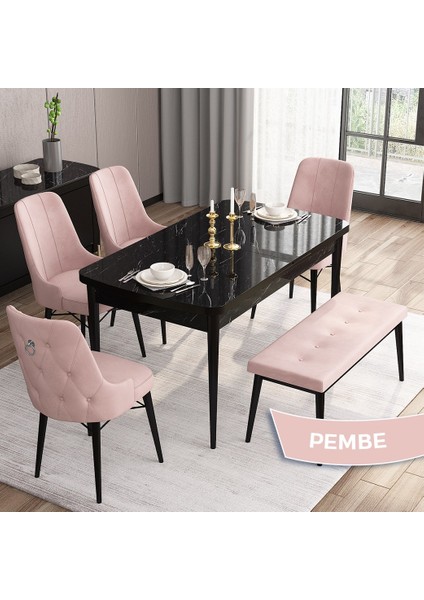 Concept Are Serisi 80 x 132 cm Siyah Mermer Desen Masa Takımı 4 Sandalye Gümüş Halkalı ve 1 Bench